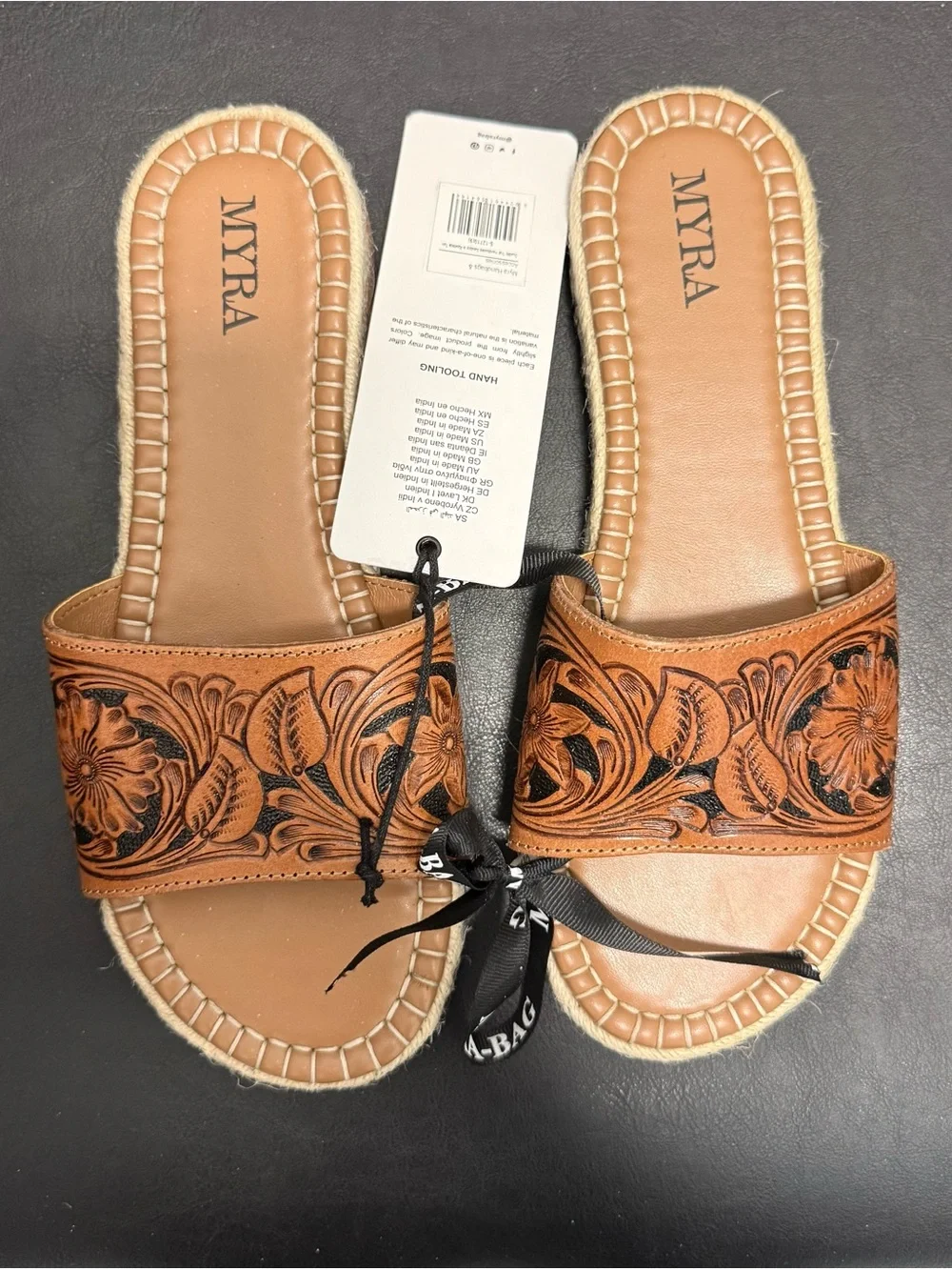 Myra Bag Brown Floral Leather Slide Sandals